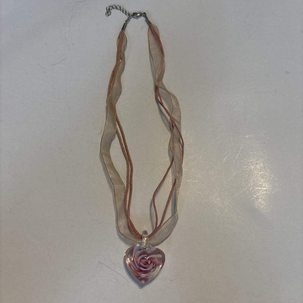 Vintage Murano Pink Glass Heart Ribbon Pendant Necklace 19"
